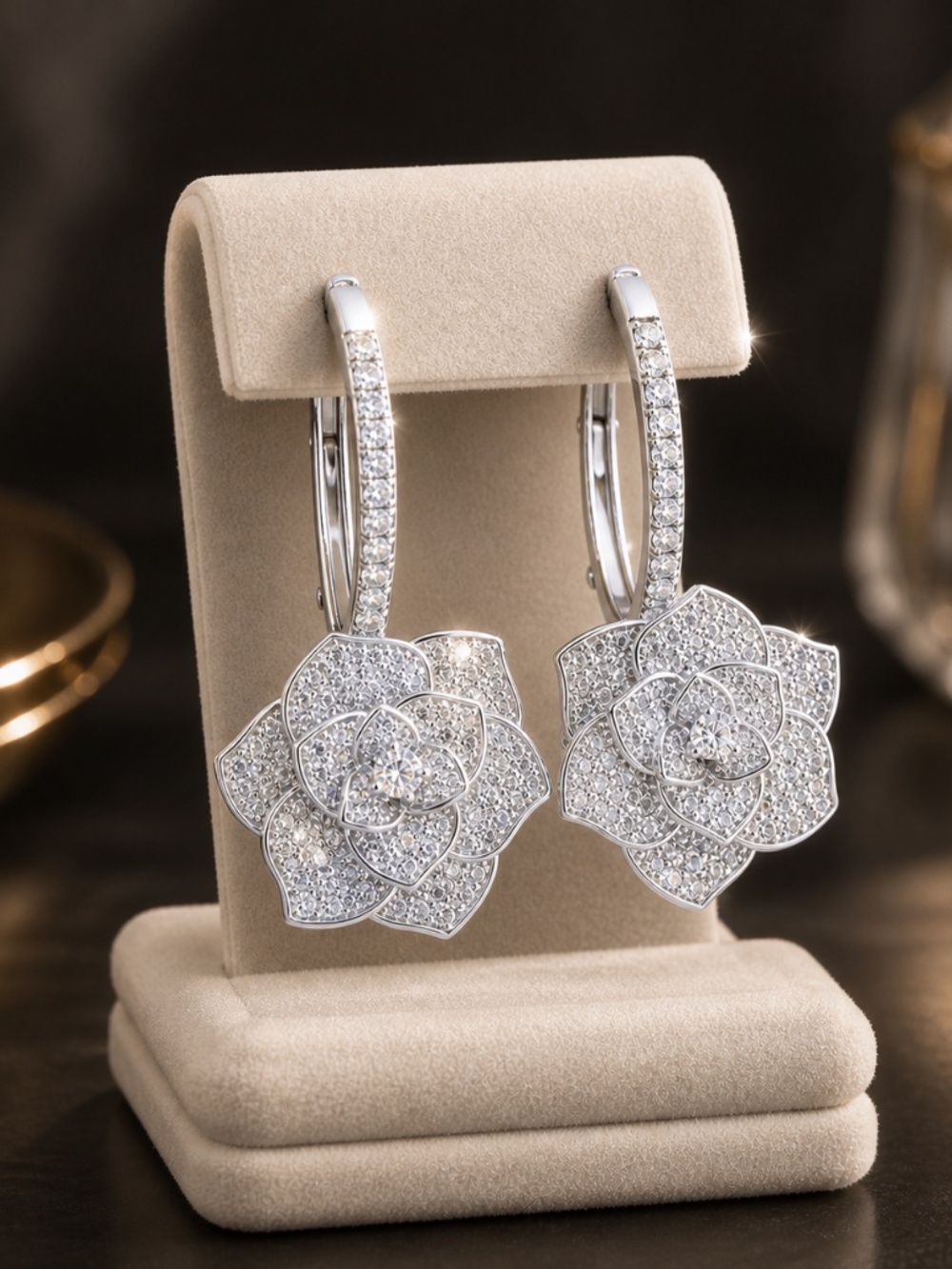 Silver Crystal Flower Drop Earrings | Pavé Hoop Dangle | Elegant Statement Jewel - Picture 7 of 8